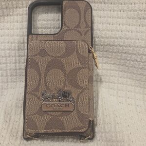 Coach Brown Signature Canvas Phone Case with Card Pocket and Gold Accent